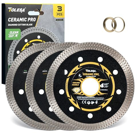TOLESA 115mm Diamond Cutting Disc, Super Thin Porcelain Cutting Disc for Angle Grinder, 4.5 Diamond Tile Cutting Disc for Marble and Granite - 22.23mm Arbor, 20mm & 16mm Adapter Ring (3-Pack)