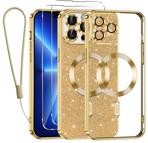 Tikfrlo Handykette für iPhone 13 Pro Hülle mit MagSafe, Glitzer Magnetisch Handyhülle Stoßfeste Silikon TPU Schutzhülle Case für iPhone 13 Pro mit 2 Stück Schutzfolie, Gold