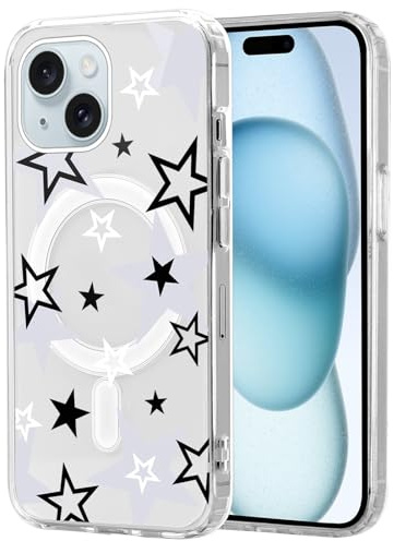 Phoona Magnetic Star Pattern Phone Case for iPhone 15 6.1, Clear Cute Print Phone Case for Girls Women, Aesthetic Slim Soft Shockproof Protective Phone Cover