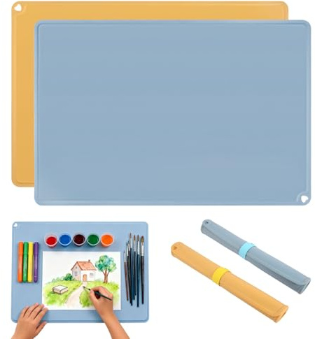 DELAESI Silikon Malunterlage 2 Stück Malunterlage für Kinder 60x40cm Bastelunterlage mit Speicherring Wiederverwendbare Silikonmatte Groß Silikon Unterlage für Basteln Malen (Gelb + Blau)