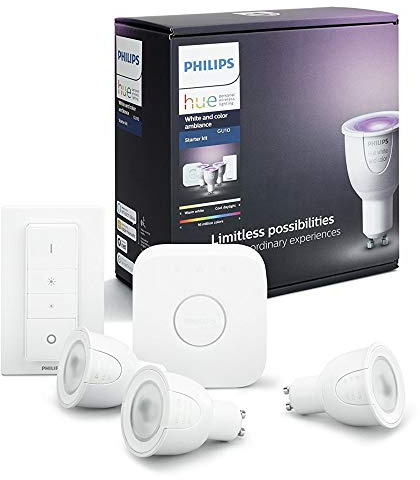 Philips Hue White & Color Ambiance GU10 3er Starter Set 3x230lm, bis zu 16 Mio. Farben, dimmbar, steuerbar via App, kompatibel mit Amazon Alexa (Echo, Echo Dot)