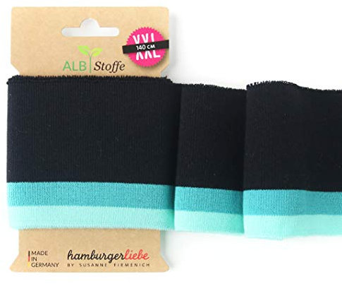 Albstoffe Cuff Me College 58 - Botanicals - fertiges Bündchen in Mint Türkis Schwarz Gestreift Streifen - 140cm breit - Hamburger Liebe