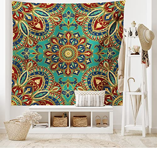 ABAKUHAUS Mandala Wandteppich, orientalisch aus Weiches Mikrofaser Stoff Waschbar ohne Verblassen Digitaldruck, 150 x 110 cm, Teal Indigo Rubin