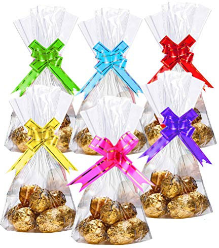pengxiaomei 100Pcs Clear Cellophane Treat Bags, 30 x 20cm Flat Treat Bags 8 X 12 Cellophane Block Bottom Storage Bags with 100Pcs Colorful Ties Bows