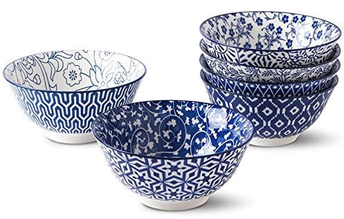 Selamica Porcelain Cereal Bowls, 590 ml Dessert Bowls, Pack of 6 Soup Bowls, Bowl Bowls for Cereal, Soup, Salad and Pasta, Vintage Blue