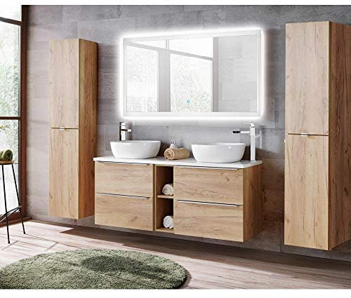 Lomadox Badmöbelset in Wotaneiche, Doppel-Waschtischunterschrank mit 2 Keramik-Waschbecken & LED-Spiegel, 2 Hochschränke