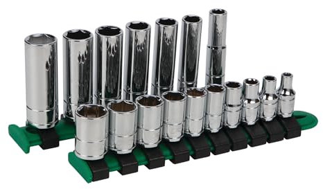 Performance Tool W36302 17pc 1/4 Inche Drive MET Socket Set with Storage Rail | Deep Wall & Standard Sockets | Superior Grip | Chrome Vanadium