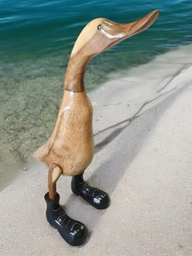 Kinaree Holz Ente - 43cm handgefertigte Holz Ente mit Gummistiefel aus Bambus, als Tischdeko, Gartendeko oder Geschenk geeignet