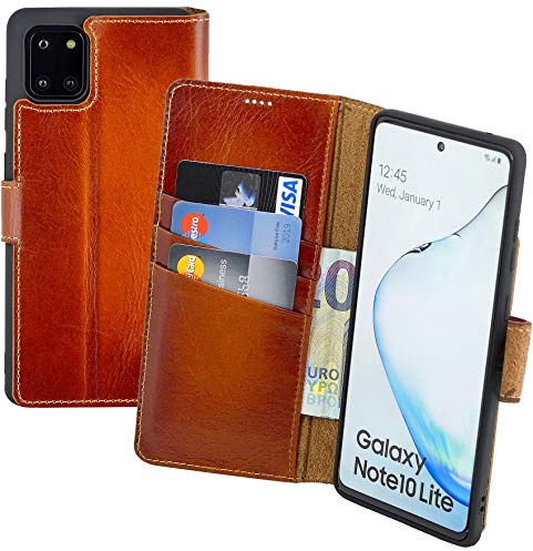 Suncase Book-Style Hülle kompatibel mit Samsung Galaxy Note 10 Lite Leder Tasche (Slim-Fit) Lederhülle Handytasche Schutzhülle Case mit 3 Kartenfächer in Burned-Cognac