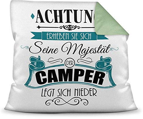 Print Royal Kissen mit Spruch für Camper - Seine Majestät der Camper legt Sich nieder - Camping/Urlaub/Deko Wohnmobil/Geschenkidee - Farbkissen Rückseite Seegrün