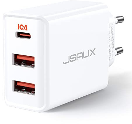 JSAUX USB C Ladegerät PD 3.0 [3 Ports 20W+12W], 32W USB-C Schnellladegerät Kompatibel mit iPhone 16/15/14/13/12 Pro Max, Samsung Galaxy S24/S23/S22/S21/A73/A53, Pixel 7 Pro/6/6a/6 Pro, iPad Pro/Air