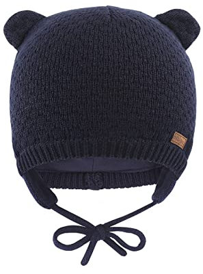 SEYUFN Bonnets d'hiver pour bébé garçon,Filles en Bas âge,Chapeaux tricotés Chauds pour bébé, Casquette doublée en Polaire avec Cache-Oreilles (FR/ES, Âge, 0 Mois, 6 Mois, Bleu Marine)