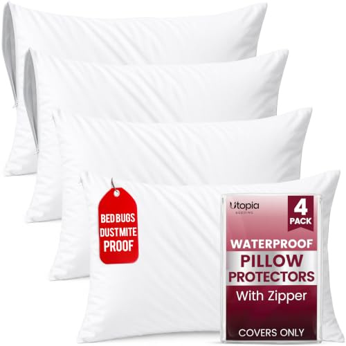 Utopia Bedding Waterproof Pillow Protector Zippered (4 Pack) Standard – Bed Bug Proof Pillow Encasement 20 x 26 Inches