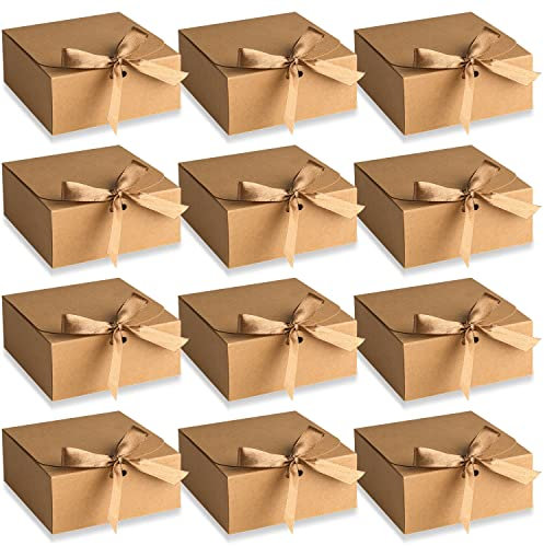 AIEX 12 Pcs Gift Boxes with Lids, 4.5 x4.5x2 Present Boxes Square Gift Box with Champagne Wrap Ribbons, Gift Wrap Boxes for Birthday Wedding Party Christmas Chocolate Candy (Brown)