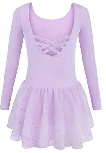 Arshiner Vestido de ballet para niña, manga larga, de algodón, con purpurina, vestido de danza, traje de ballet para niños, camiseta de ballet con falda de tul, Manga Larga Púrpura, 41