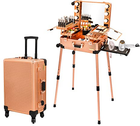 Tense Edano Valise de maquillage en aluminium avec lumières LED - Organisateur cosmétique professionnel avec haut-parleur, roues et supports - Station de maquillage lumineuse pour voyage, rose gold,