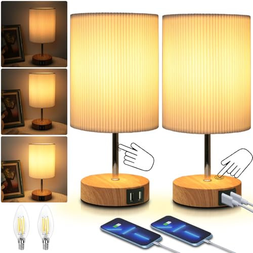 Lampe de chevet Touch Dimmable : lampe de table avec 2 ports USB à charge rapide Ampoule à intensité variable Touch 3 niveaux de luminosité Réglable Lampe de bureau minimaliste pour la lecture