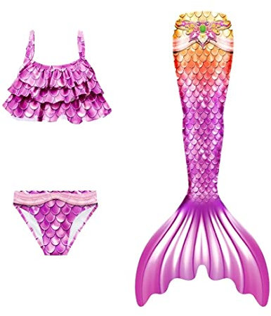 NAITOKE Meerjungfrauenschwanz mit Bikini für Mädchen,3pcohne Monoflosse
