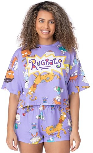 Rugrats Womens Pyjama Set | Ladies Purple Cropped Short Sleeved T-Shirt With Shorts Bottoms Pjs | Tommy Chuckie Angelica Character Retro Logo | 90s Cartoon Nightwear Pyjama Merchandise for Adults
