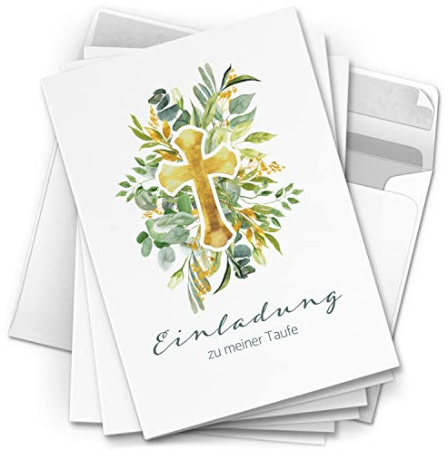 10 Einladungskarten Taufe - Motiv Modern Kreuz edel - moderne Klappkarten mit Umschlägen - Einladungen zu Taufe Kirche Einladung Karten