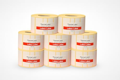 Étiquettes Thermiques 35x25 mm – 8 Rouleaux (8000 Étiquettes) – Thermique Directe – Adhésives – Compatibles Zebra – Stock, Transport, Code-Barres