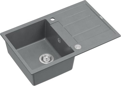 QUADRON Granitspüle Spülbecken | Größe 78 x 50 x 22 cm, Farbe: Grau | MORGAN 111 Küchenspüle Granit Einbeckenspüle | Einzelbecken Küchenspüle mit Abtropffläche | Einbauspüle mit Hahnloch