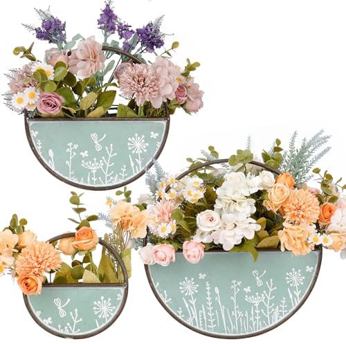 JonesHouseDeco Set of 3 Bronze Planter Flower Pot Wall Mounted Hanging Vase Metal Honeycomb Shaped Artificial Succulent Planters Landscaping Home Decoration Indoor Outdoor Green (Circular Shape)
