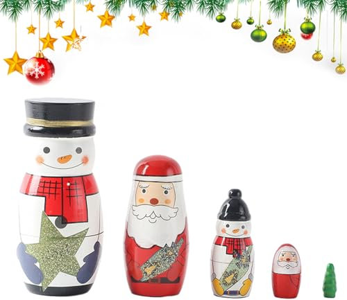 DYOG Wooden Russian Dolls, Set of 5 Colorfast Christmas Matryoshka Toys, Christmas Decorations for Coffee Table, Dining Table, Bedside, Study Table
