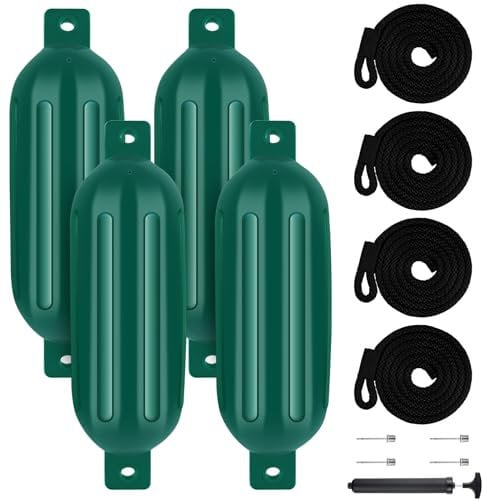 VEITHI Boat Fenders 4 Pack, Ribbed Twin Eyes Vinyl Boat Fenders Bumpers, Boat Bumpers for Docking Come with Ropes Needles and Pump to Inflate, Small Bumpers of Boats 4.5 x 16 inch Forest Green