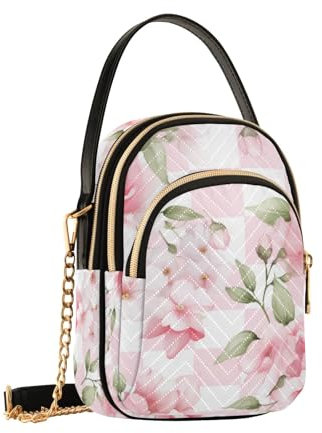Rosafarbene Blumengitter-Umhängetasche für Damen, abnehmbare Kettentasche, Handygeldbörse, Schultertasche, Handtasche, Rosa Blumengitter, Einheitsgröße