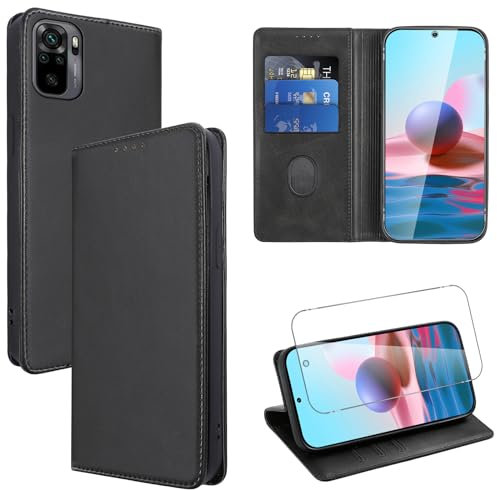 Vauki Hülle Leder für Xiaomi Redmi Note 10 4G/10S 4G Handyhülle mit 1 Schutzfolie, Standfunktion Kartenfach Wallet Schutzhülle Flip Case Cover Stoßfeste Klapphülle für Xiaomi Redmi Note 10 4G/,Schwarz