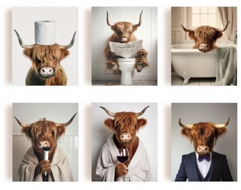 SUPERDANT 6PCS Highland Bulle Wandkunst Poster Kuh Lustige Badezimmer Leinwanddrucke Bulle Moderne Toiletten Wandposter Tiere Wandkunstdrucke Für Badezimmer Toilette Schlafzimmer Dekor Ungerahmt