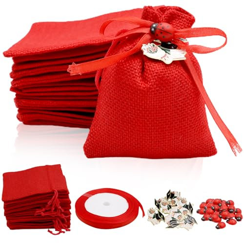 ZYKORT 30 Pezzi Rossi Sacchetti Portaconfetti per Laurea, 10*8cm Bomboniere con Ciondolo in Lega con Bouquet di Fiori del Cappello del Dottore