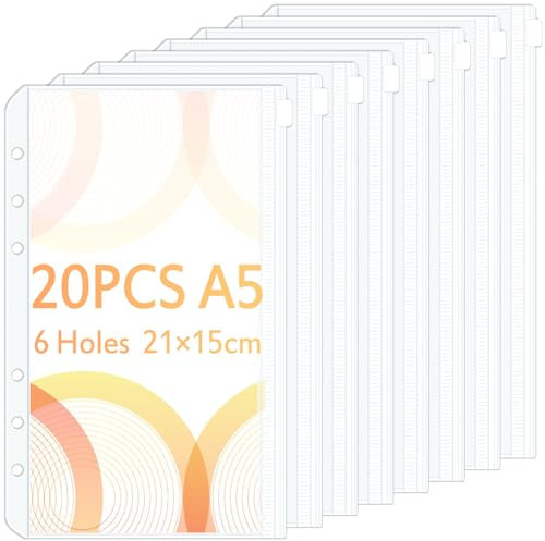 20 Stück A5 Binder Taschen, Caianwin PVC 6 Löcher Reißverschluss Ordner, Wasserdicht Kunststoff Bindertaschen, Transparent Geld Budget Umschläge, Budget Planer Zubehör für Binder A5