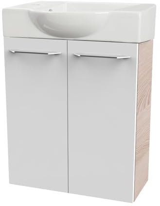 FACKELMANN B.CLEVER Gäste-WC Set 2 Teile – Waschtischunterschrank in Weiß mit Holz Braun mit Waschbecken aus Keramik – SBC Waschbeckenunterschrank schmal – 2 Türen – Hahnloch Links – 55 cm breit