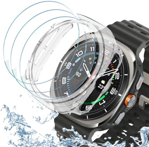 DEALELE Lot de 1 + 3 coques compatibles avec Samsung Galaxy Watch Ultra 47 mm (2025/2024), coque de protection en polycarbonate transparent avec protecteur d'écran en verre trempé ultra fin 9H pour
