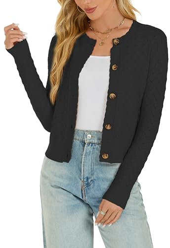 Boléro Femme Cardigan Court Évidée Gilet Veste Tricot Bouton Manches Longues pour Robe T Shirt Bretelle Chic Elégante Soirée Fête Décontracté Rétro Noir L