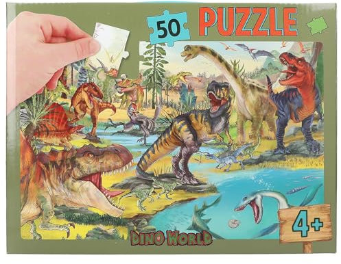 Depesche 13206 Dino World 50-Piece Jigsaw Puzzle with Detailed Dinosaur Design, Size Approx. 58 x 40 cm, in Cardboard Case with Carrying Handle, Multicoloured, One Size