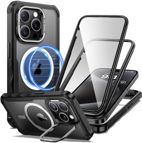 seacosmo Magnetic for iPhone 15 Pro Max Case, Fit for MagSafe, Full Body Protection Case with Built-in Screen Protector + Front Frame + Camera Cover, Heavy Duty Shockproof Cover with Stand, Black