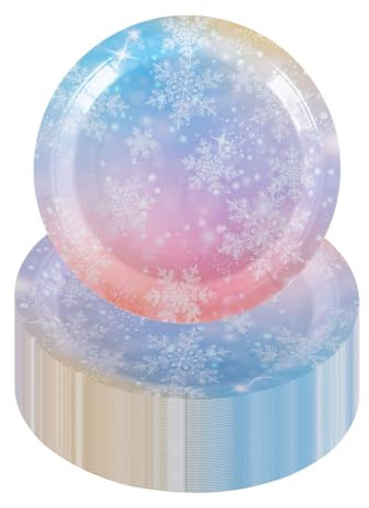 PHUNAT Pink Gradient Paper Plates, Pack of 50, 7'' Dinner Plates, Snowflake Party Supplies for Winter Holiday, Xmas, Frozen Party