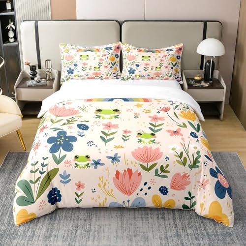 Loussiesd Netter Frosch Bettbezug Set Cartoon Frosch Floral Drucken 100% Baumwolle Bettwäsche Set 200x200cm für Botanischer Frosch Bettwäsche-Set