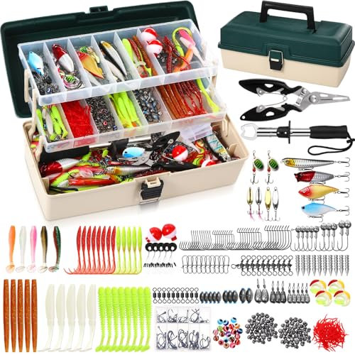 517 Pcs Large 3 Layers Fishing Lures Tackle Box Kit, Dark Green Milky White