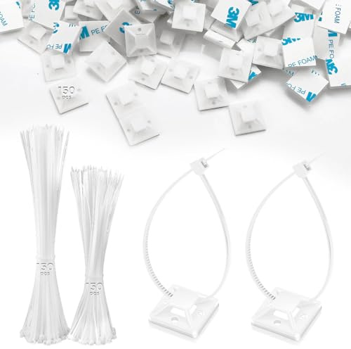 Set di 300 fascette stringicavi, 120 mm/150 mm e 150 pezzi, supporto per cavi autoadesivo, in plastica, in nylon, base adesiva per fascette, supporto resistente ai raggi UV per fissaggio cavi (bianco)