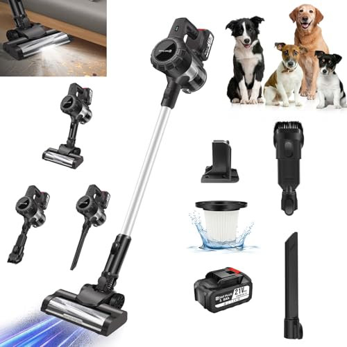 Cordless Vacuum Cleaner 3-in-1, 15KPa Upright Handheld Stick Vacuum with 3000mAh Battery, Up to 40 Mins Runtime, Self-Standing Lightweight Vacuum Cleaner with LED Light for Carpet/Hard Floor/Pet Hair