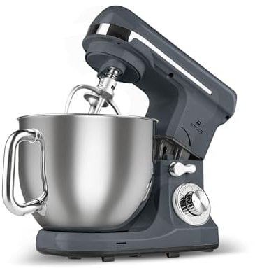 Karaca Blendburst Küchenmaschine, 6-stufige Geschwindigkeitsregelung, 5,7L Edelstahl-Schüssel, Doppelte Knethaken, Schneebesen, Flachrührer & Teighaken, Rutschfester Stand, Grau, 1400 W