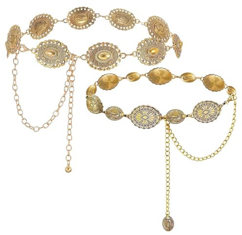 TREABEAR 2PCS Concho Kettengürtel Gold Taillenkette aus metall, Kettengürtel Damen, Bauchkette Gold Pirat, taillengürtel damen, Cowgirl Gürtel Damen, verstellbarer Goldener Gürtel Für Kleide