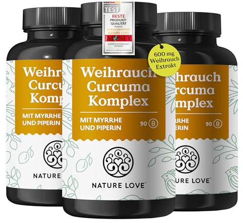 NATURE LOVE® Weihrauch Kurkuma Kapseln - 270 Stück - 600mg Weihrauch Extrakt davon 360mg Boswellia mit Myrrhe Vitamin C - hochdosiert & vegan - laborgeprüft und hoch bioverfügbar
