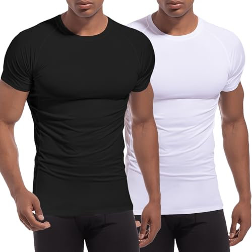 Towintec Compression Shirts for Men Short Sleeve T-Shirt Mesh Baselayer Slimming Round Neck Vests Running Tops Sweatproof Quick Dry T-Shirts Gym Workout Basketball Golf Rash Guard Undershirts