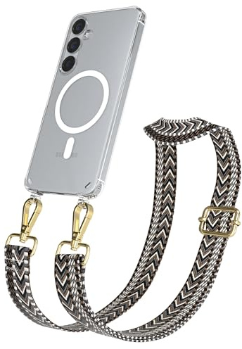 EAZY CASE Handykette - Verstellbares Taschenband kompatibel mit Galaxy S25 Plus, Schulterriemen, Handykordel mit Silikon Hülle, Qi Charging kompatibel, Umhängetasche, Grau Schwarz Gold