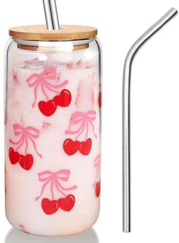 Tressora Cute Glass Coffee Mugs Cups with Lids and Straws, Bow Design Iced Coffee Cup, Aesthetic Mug Tumbler for Women, Flower Drinking Glasses,Coffee Lover Gifts for Women(Bow Design)